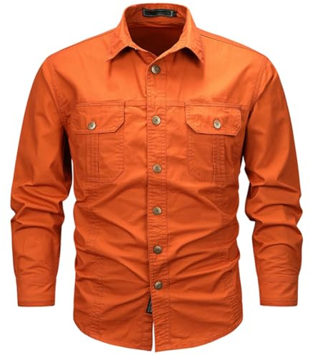 Hombre Camisas de Trabajo de Algodón, Ropa de Militar de Manga Larga con Botones,Cargo Shirts, 2 Bolsillos, Regular Fit para Pesca, Tala, Senderismo, Caza
