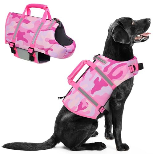 PUZAUKAL flytväst hund – räddningsväst för små, medelstora och stora hundar, justerbar hundflytväst med handtag och reflekterande, säker för båt och vattensport, camo rosa, storlek M