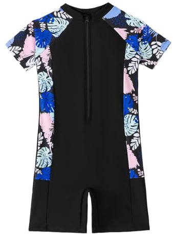 XINYUNZU Mädchen Einteiler Badeanzug mit Bein Schwimmanzug Kurzarm Bademode mit Reißverschluss Swimsuits Girls Strand Badebekleidung Mode Badeanzüge für Kinder Schwarz 120