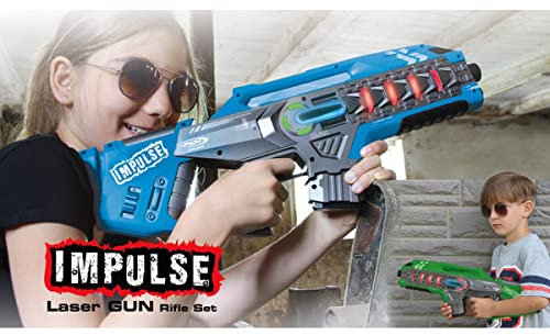 JAMARA 410084 - Impulse Gun – Rifle Set - Laser Tag mit 3 Battlemodi Spieler je Team, Last Man Standing, Duell, 4 simulierte Waffen mit Soundeffekte,bis 40m Reichweite, blau/grün