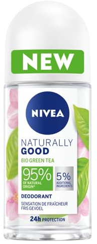 NIVEA NATURALLY GOOD Déodorant Femme Green Tea Bio Bille 50 ml, déodorant avec 95% d’ingrédients d’origine naturelle et une fraîcheur qui dure 24h.
