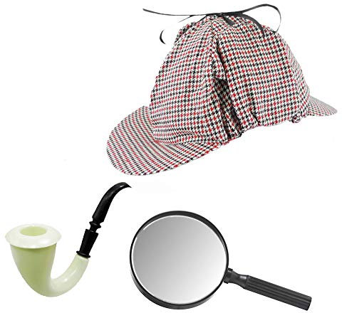 Deerstalker-Detektiv-Hut, mit Kostümpfeife und Lupe, Rot und Schwarz