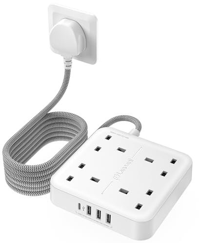 LENCENT 3M Extension Lead with USB C Port (3250W 13A), 4 Way Outlets Power Strip with 1 USB-C and 3 USB Slots, Multi Power Plug Extension with 3M Braided Extension Cord for Home Office- White