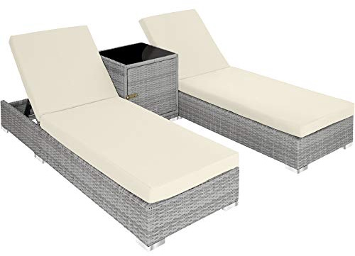 tectake® Set 2 x Lettino Alluminio, Poly Rattan, Lettini Prendisole, Lettini da Giardino, Tavolo Giardino, Sdraio Prendisole, Sedia, Involucro Protettivo, 2 Federe - Grigio Chiaro