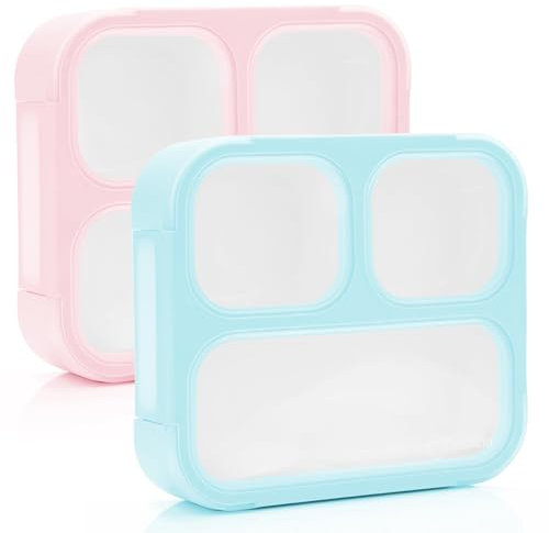 Medium Bento Box for Kids Toddlers, Lunch-Box for Boys or Girls, Leakproof 3 Compartment Containers for Meal or Snack at Daycare School Travel, BPA Free, 2 pack Pastel Teal + Pink