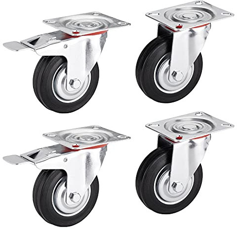 4er SET SOTECH Transportrollen RED Ø 100 mm (2x Lenkrollen, 2x Lenkrollen mit Bremse) Höhe 127 mm, Anschraubplatte 100 x 82 mm Traglast bis 360 Kg Strandkorbrolle