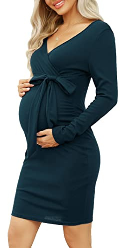 KOJOOIN Robe de maternité à Manches Longues pour Femmes Robe d'allaitement à col en V Robes de Grossesse Robe de soirée au Genou avec Ceinture (Emballage Multiple), A-Vert, M