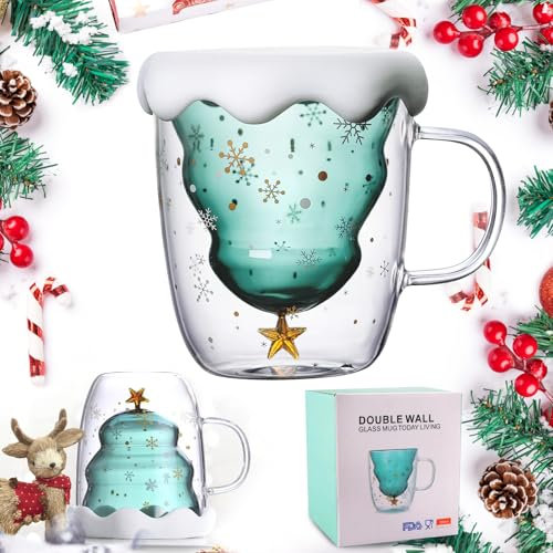 XiXiRan Christmas Coffee Glass Taza de Navidad de Vidrio, Lindas Tazas, Taza de Café de Navidad, Tazas Expreso de Vidrio, Taza de Leche, Vasos para Cafe Cristal, Taza de Café de Doble Pared de Vidrio