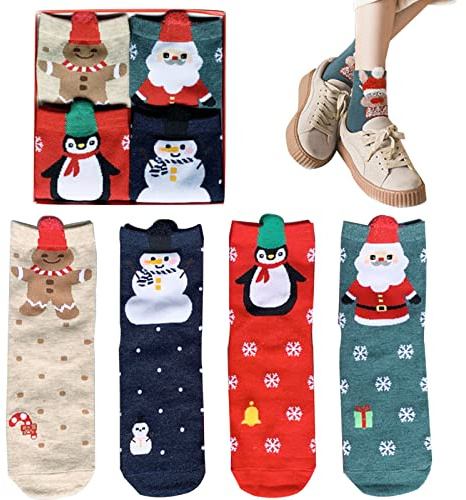 KOIROI 4 pares de calcetines de Navidad, calcetines de Navidad, calcetines para hombre y mujer, calcetines de Navidad, calcetines cálidos de algodón de Navidad, coloridos calcetines divertidos