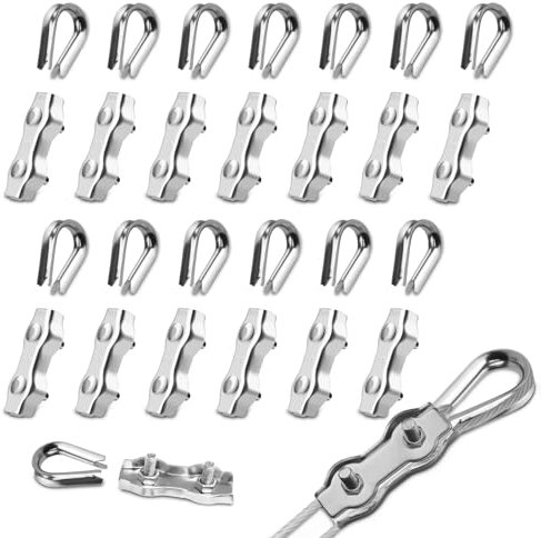 PuretéavHom 28 Stück M3 Seilklemme Set mit 14 Stück Drahtseilklemmen 3mm & 14 Stück Drahtseil Kauschen 3mm Edelstahl 304 Duplex Klemme Drahtseil Clip für Stahlseil 3mm Wäscheleine Markise Fixiert