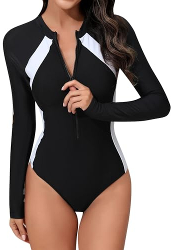SEAUR Traje de baño de manga larga para mujer con almohadillas, traje de baño de una pieza con protección contra erupciones y cremallera frontal, A1, M