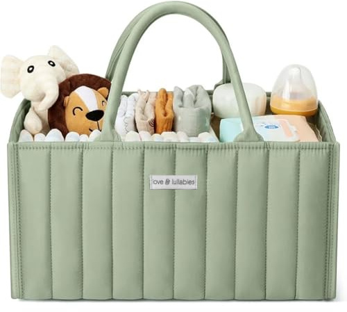 love & lullabies Nappy Caddy Organiser, Stylish Quilted Baby Changing Basket - Essentials for Newborn, Baby Hamper Basket for Baby Shower - Caddy Organiser for Mum to Be (Sage Green)
