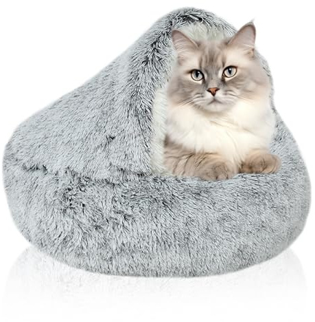 WIYETY Lit moelleux pour chat - 40 cm - Antidérapant - Apaisant - Moelleux - Rond - Lit pour animaux de compagnie - En peluche douce - Avec capuche - Pour chats et petits chiens - Gris