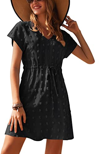Ekouaer Strandklänningar för kvinnor, sommar, strandskydd, kortärmad, bikini, coverup, v-ringad, vardagsklänning för damer, med dragsko S-XXL