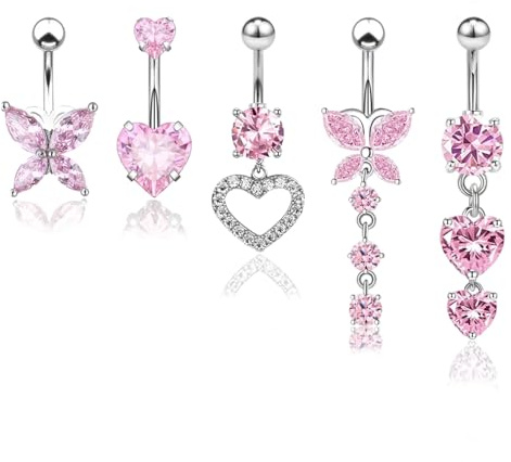 UxClishe 5 Pcs Belly Button Bars Kit, Sliver Belly Button Rings 14G Navel Bars Stainless Steel Belly Bars Dangly Belly Button Piercing Jewellery Heart Bow Short Small Belly Rings for Women Girls