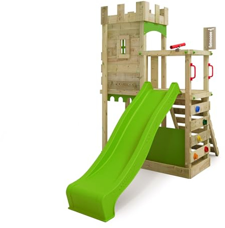 FATMOOSE Tower Caballero Castillo BoldBaron Boost XXL con tobogán verde manzana, torre de escalada infantil al aire libre con arenero, escalera y accesorios de juego para el jardín