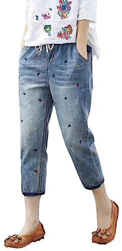 IQYU Pantaloni estivi da donna, a 7/8, a gamba dritta, jeans da donna, a 3/4, con stampa ricamata, pantaloni capri, leggeri, estivi, per attività all'aria aperta, boyfriend, jeans a tre quarti, Blu