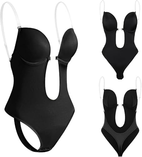 Femme Body Dos Nu Invisible Push Up Sculptant sans Couture Shaper String sous-Vêtement avec Bandoulière Transparente (Noir, L)