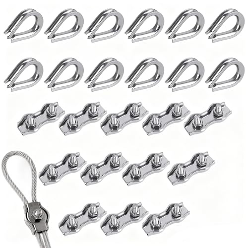 Anhoer M4 Wire Rope Clamp Set, 12Pcs Duplex Cable Grips & 12Pcs Thimbles, 304 Stainless Steel 3mm Wire Connectors for Fencing, Washing Lines & Rigging