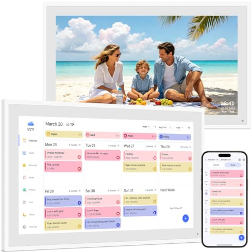 Calendrier Numérique Mural 15,6 Pouces 32GB, 1080P Full HD Planificateur Électronique avec Écran Tactile, Organiseur Familial, Cadre Photo Numérique (pour Mur et Bureau)