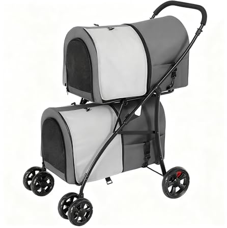 YITAHOME Passeggino per cani a doppio piano per animali domestici, portata fino a 30 kg, pieghevole, con finestra a rete, per due cani e gatti, grigio