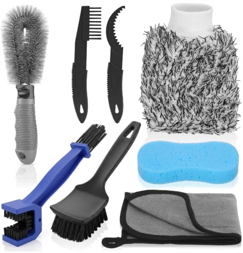 Hahorpa Lot de 8 Kit Nettoyage Velo, Nettoyeur Chaine Velo avec Chiffon et Éponge, Kit Nettoyage Chaine Velo pour Moto, VTT, Brosse Chaine Moto pour Pedalier, Pneus, Pignons, Nettoie Recoins Salete