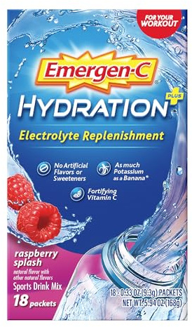 Emergen-C Hydration+ Sports Drink Mix With Vitamin C (18 Count, Raspberry Flavor), Electrolyte Replenishment, 0.33 Ounce Powder Packets