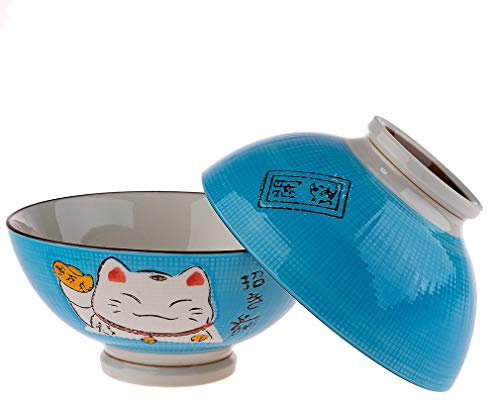 lachineuse 2 Porzellan Suppen- oder Ramenschalen - Katzenmuster Maneki Neko, Blau