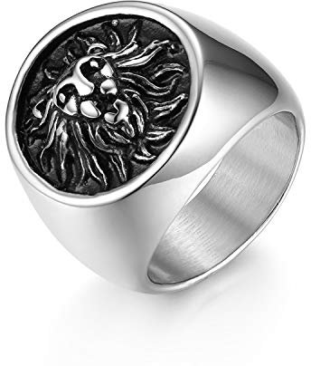 JewelryWe Schmuck Retro Herren-Ring Edelstahl Löwe Löwenkopf Biker Ring Siegelring Band Bandring mit Gravur Silber Größe 72