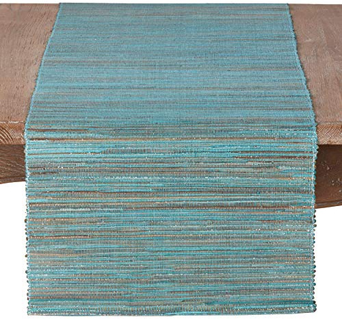 SARO LIFESTYLE Melaya Collection Shimmering Woven Nubby Water Hyacinth Table Runner, 14 x 90, Turquoise