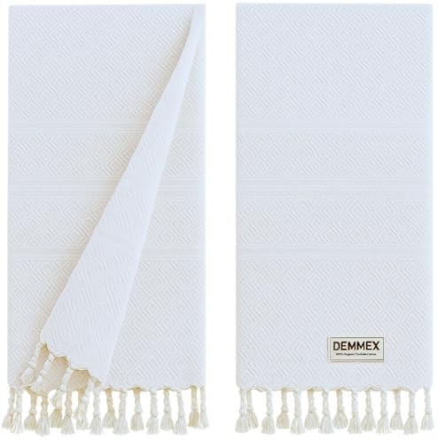 DEMMEX Juego de 2 Toallas de Mano de algodón Turco orgánico Certificado y Oeko-Tex, Secado rápido, absorbentes, para baño, Cocina, Viajes, Tejido de Diamante Suave, prelavadas, 46 x 92 cm (Blanco
