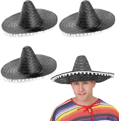 Cappello Sombrero da sombrero messicano nero con dettagli con pompon bianchi, accessorio per costume da Cinco De Mayo messicano (confezione da 3)