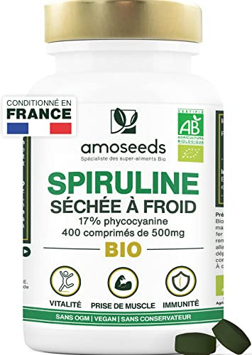 Spiruline BIO Extra Forte | 400 comprimés vegan de 500mg | Jusqu'à 19% Phycocyanine, Séchée à froid | 4500mg par jour | Vitamines, Réduit la Fatigue, Immunité | Qualité Supérieure