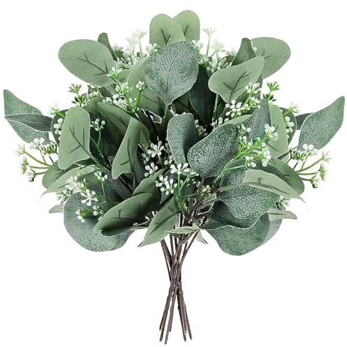 Weldomcor 10 Pezzi Foglie di Eucalipto Artificiali Piante Finte con Fiori Bianchi Rami Piante Decorazioni Verdi Composizione Floreale per Matrimonio Casa Soggiorno Balcone Giardino
