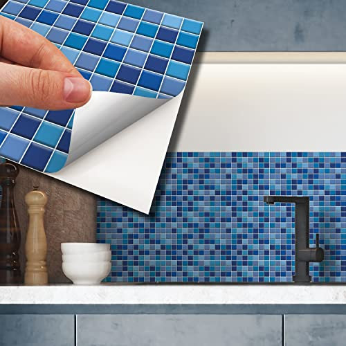 WALPLUS 15cm(6) 24 Pieces Classic Blue Mini Mosaic Wall Tile Sticker Set Peel and Stick Backsplash Decals Vinyl Home Decors Splashback for Kitchen Bathroom Tile Paint Stick on Wall