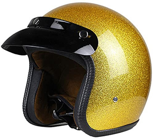 BaoFuStore Vintage Motorrad Jethelm, Erwachsene 3/4 Halbschale Motorradhelm, Glitzer Retro Moped Motorradhelm Neuheit Mode Für Roller Chopper Jet Pilot Bobber DOT/ECE,Gelb,S