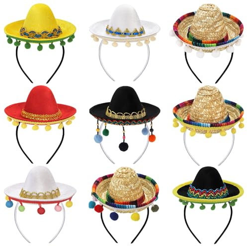 TOPZEA 9 Pack Cinco De Mayo Sombrero Hat, Fabric and Straw Mini Mexican Hats Headband, Birthday Party Decorations Small Festival Hat, Carnival Costume Outfit Fun Photo Props