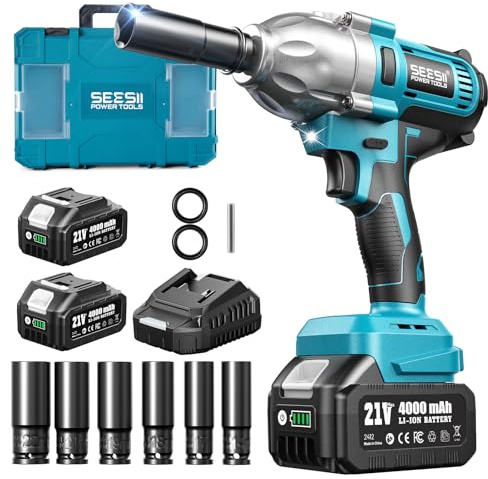 Seesii Impact Wrench 665 FT-LBS(900N.m) 3300IPM 1/2 Impact Gun High Torque Electric Impact Driver Cordless Impact Wrench with 21V 2x4.0Ah Battery 6 Sockets&Case for Home Car Tire Lug Nut Removal Tool