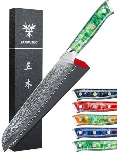 SANMUZUO Brotmesser mit Wellenschliff, Damastmesser 20 cm Klinge - Damaskus Stahl Küchenmesser mit Harzgriff - Xuan Serie(Smaragd Grün)