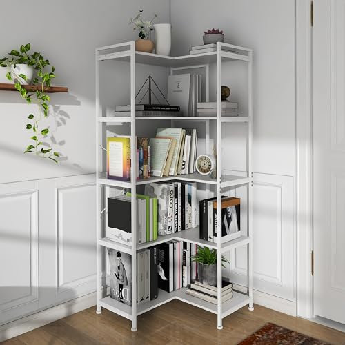 VEDECASA 5-Regal-Eck-Bücherregal Großes 5-stöckiges Hohes Eckregal Bodenstehend Modernes Eck-Bücherregal Bücherschrank mit Metallrahmen Offene Ablagen für Wohnzimmer Schlafzimmer Büro Weiß