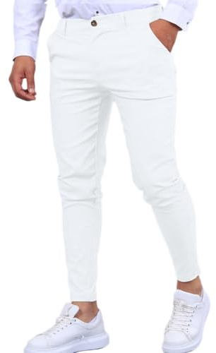 Oanviso Hommes Chino Pantalon Regular Fit Décontracté Coupe Ajustée Pantalon Eté Streetwear Jeans avec Poches Moulants Couleur Unie Cargo Pantalon Extensible B Blanc S