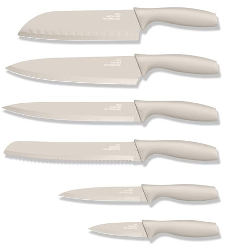 Joyfair Lot de 6 couteaux de cuisine anti-adhésifs en acier au carbone avec fourreau de protection, couteau à découper tranchant kaki, couteau à légumes pour couper/éplucher, inoxydable et facile à