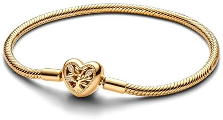 PANDORA Moments Stammbaum Herzverschluss Schlangen-Gliederarmband aus Sterling Silber mit vergoldeter Metalllegierung, Kompatibel Moments Charms, Größe: 20 cm, 563516C01-20