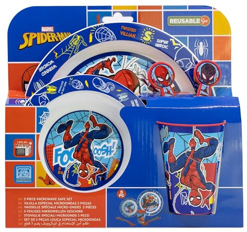 Set vaisselle réutilisable pour enfant compatible micro-ondes composé d'un gobelet, d'une assiette, d'un bol et de couverts Spiderman