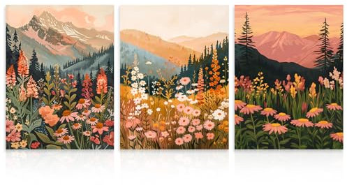 Dazzlewall 3Pcs Boho Mountain Flower Wall Art Pictures, Abstract Floral Landscape Prints, Daisy and Wildflower Paintings for Bedroom Living Room Decor 12x16 in Unframed