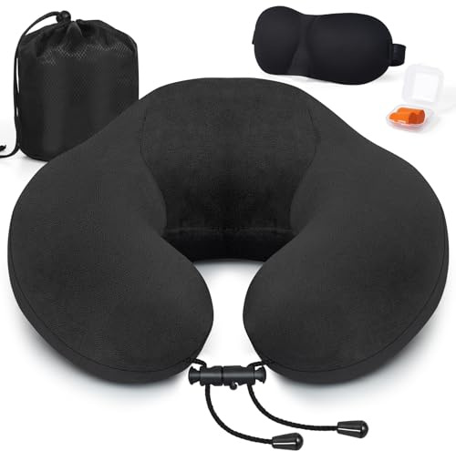 Zepphi Almohada de Viaje para Cuello, Almohada de Viaje Viscoelástica de Espuma, Almohada Cervical para Oficina Avión Tren Coche Viajando, Cojin de Viaje Cuello con Máscara de Ojos, Tapones y Bolsa