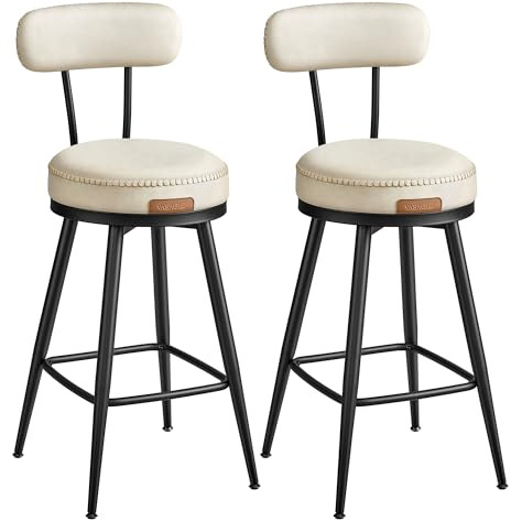 VASAGLE EKHO Collection - Tabouret de Bar Pivotant à 360°, Lot de 2, pour Cuisine, Rembourré, Dossier, PU avec Coutures, Style Moderne Mi-siècle, Hauteur 65 cm, Bar, Blanc Crème LBC089W01