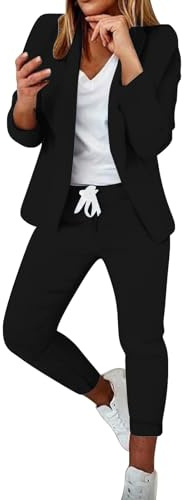 Richymfa - Traje de mujer con curvas, 2 piezas, elegante, completo para mujer, manga larga, oficina, blazer ligero con pantalones y chaqueta de ceremonia con pantalones y falda, Negro , M