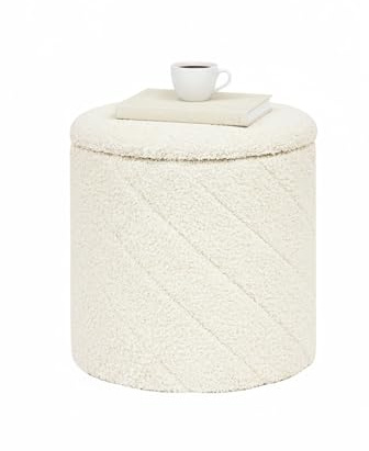 Bonlife Round Ottoman Stool with Storage, Folding Footstool with Lid,Boucle Vanity Stool for Living Room,Bedroom,Entryway,White,33x33x35cm