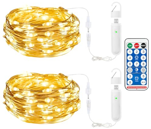 Guirlande lumineuse rechargeable, 10 m, 100 LED, fil de cuivre, 8 modes/minuterie/télécommande, lumière blanche chaude, pour l'intérieur et l'extérieur, pour Noël, les fêtes, les mariages, la décorati